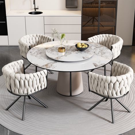 Sillón de comedor giratorio beige tapizado en terciopelo de 4 piezas con cuatro gruesas estructuras de acero, ideal para sala de estar, balcón, comedor y dormitorio. (1/5)