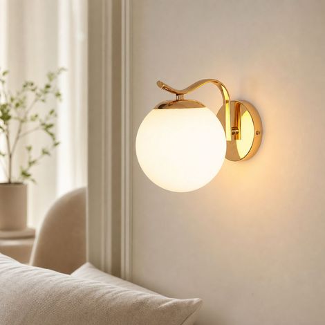Applique murale LED dorée, abat-jour en verre et corps en fer électroplaqué, culot E27, design moderne anti-éblouissement pour chambre (1/5)