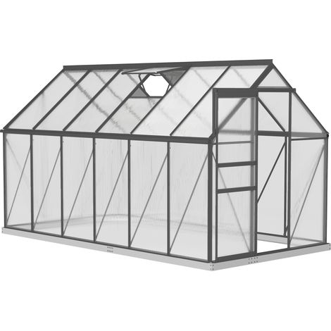 Gewächshaus aus Aluminium und Polycarbonat mit Fundament, verstellbarem Fenster und Schiebetür, 190 x 375 x 199 cm