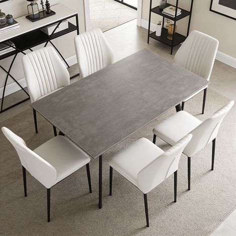 Ensemble de table à manger 120 cm en MDF avec chaises (6 chaises, cuir PU, blanc)