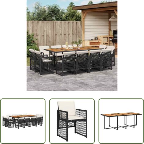 Gartentisch - 13-tlg. Garten-Essgruppe mit Kissen Schwarz Poly Rattan (1/5)