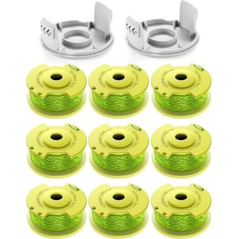 11 bobines de fil de rechange pour coupe-bordures Ryobi One+ - Diamètre 2,0 mm, longueur 3,4 m - Compatible AC14RL3A - Lot avec 9 bobines et 2 couvercles - Performance fiable.