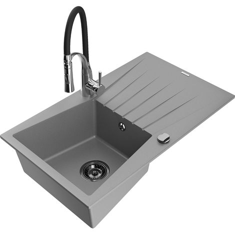 Mexen Cesar Granitspüle 1-Becken mit Abtropffläche und Küchenarmatur Aster, grau - 6514-71-73450-07-B (1/5)