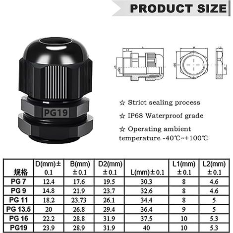 Waterproof Cable Glands, Adjustable Cable Gland with Lock Nut for Home/Garden/Outdoor Lighting Cable - PG7/ PG9/ PG11/ PG13.5/ PG16/ PG19 (1/4)