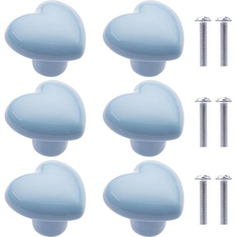 6Pcs Boutons de Placard en Céramique Boutons de Tiroir de Placard en Céramique en Forme de Cœur Poignées pour Armoires de Cuisine de Bibliothèque (Bleu Clair) (1/5)