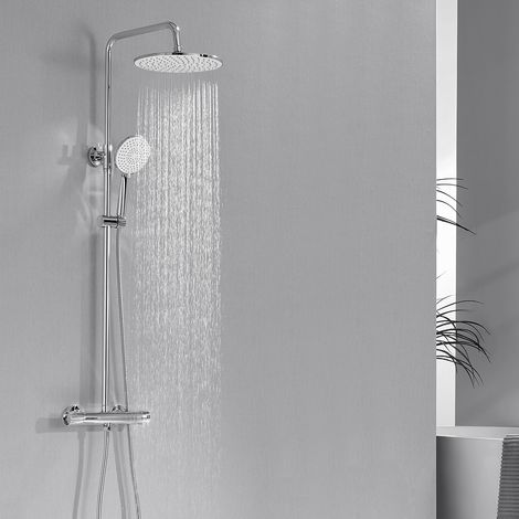 AURALUM MAX Duschsystem mit 38°C Thermostatarmatur – Chrom Regendusche, Handbrause mit 3 Modi, höhenverstellbar Duschstange