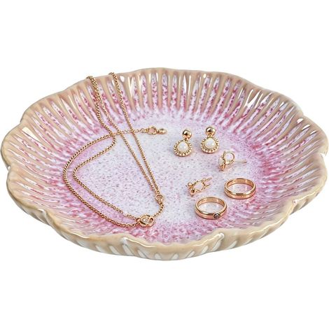 Coupelle Bijoux en Céramique, Petit Plat à Bijoux Forme de Fleur, Plateau Décoratif pour Bagues et Colliers, Repose-Cuillère, Vide Poche Entrée, Style Japonais (Rose) (1/5)