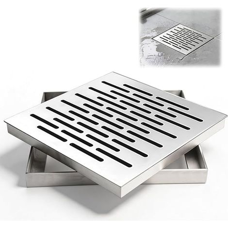 Siphon de Sol Acier Inoxydable Couvercle Drainage Siphon de Sol grille d'évacuation d'eau Carré Douche intérieur extérieur 250X250X20 mm (1/5)