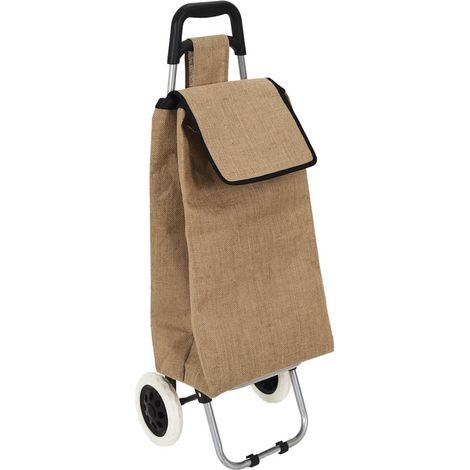 Chariot de courses 2 roues en toile de jute marron avec une poche (H95cm) (1/5)