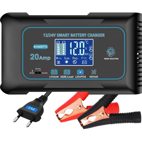 Chargeur Batterie Voitures 12V/24V 20A, Chargeur Batterie Auto et Moto Rapide Intelligent, Maintien Désulfateur pour Batteries au Lithium, LiFePO4, Plomb (AGM, EFB, Gel, MF, VRLA) (1/5)