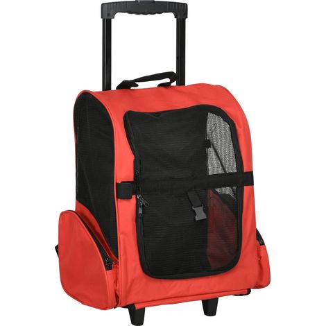 Sac de voyage à roulettes 2-en-1 pour chien, trolley et sac à dos convertible pour chien et chat, poignée télescopique, compartiments de rangement, aérations, mousqueton de sécurité, 42x25x55 cm, roug (1/5)