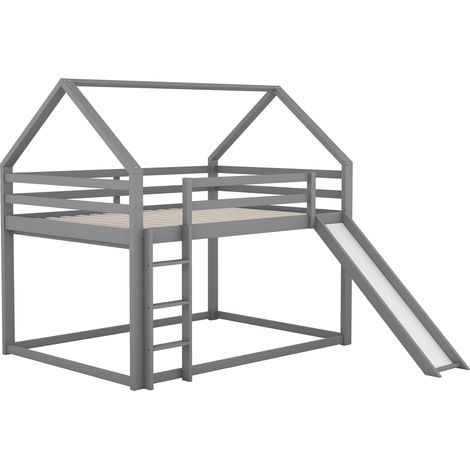 Lit superposé cabane avec toboggan, lit enfant double 140x200 gris en bois massif, avec échelle et sommier à lattes inclus. (1/5)