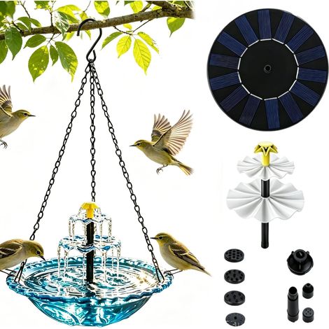 Bain d'oiseaux solaire avec fontaine à suspendre, bain d'oiseaux d'extérieur à suspendre, grand bain à oiseaux avec fontaine pour colibris, avec pompe solaire et bol en verre, pour l'extérieur (1/5)