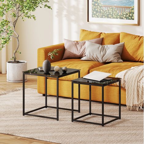 Lot de 2 tables d'appoint 50x50x52 cm noires – plateau en verre trempé, acier (1/5)