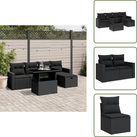 Salon de jardin 6 pcs avec coussins noir résine tressée - Ensemble Salon De Jardin - Mobilier De Jardin - Salon Extérieur - Table De Jardin Extensible - Chaise Longue (1/5)