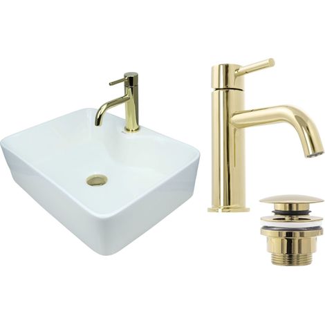 GTM Design Aufsatzwaschbecken 41 cm Glanz Set mit Waschtischbatterie und Stopfen - Aufsatzwaschbecken Rechteckiges für Badezimmer - Modernes Waschbecken ohne Hahnloch - Waschbecken mit Armature (1/5)