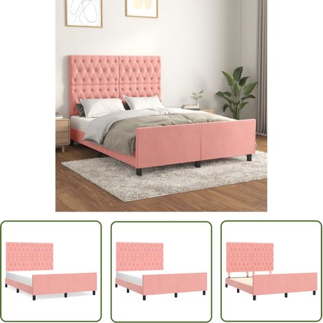 The Living Store Cadre de lit sans matelas rose 140x190 cm velours - Lit Double - Cadre De Lit - Lit Avec Têtière - Lit Rose - Lit Velours (1/5)
