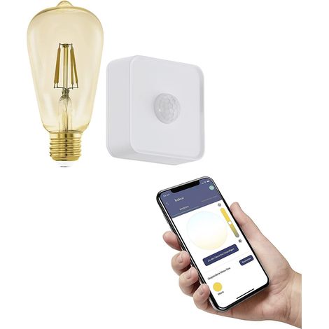 Lot d‘une ampoule LED E27 connectée avec détecteur de présence, ST64, ZigBee, contrôlable par appli, dimmable, design vintage, ambré, 500 lumens, 5,5 watts, blanc chaud (1/5)