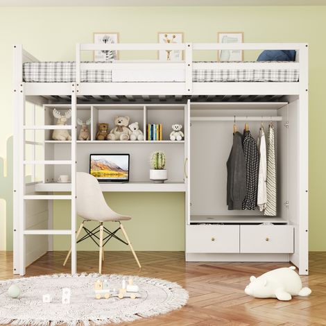Lit mezzanine 90x200 cm avec échelle, bureau avec rangement, armoire et tiroirs, lit enfant ado simple, blanc, design fonctionnel et gain de place (1/5)