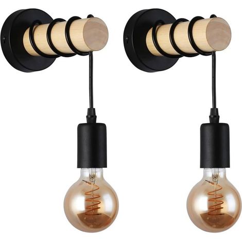 BarcelonaLED Applique Murale Ronde en Bois Naturel avec Douille E27 Noir Pendentif Câble Vintage Nordique pour Couloir Chambre Salon (Lot de 2) (1/5)