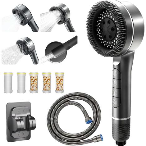 Duschkopf mit Filter, Duschbrause mit Schlauch, 4 Strahlarten Duschkopf Wassersparend mit Filtration und Stoppfunktion,Inklusive 1,5 m Schlauch und bohrlochfreier Halterung(Grau) (1/2)
