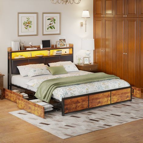 Letto matrimoniale 160x200 cm con LED e 4 cassetti, struttura letto per adulti, 4 cassetti in ferro, con testiera, nero, ecopelle (PU) (1/5)