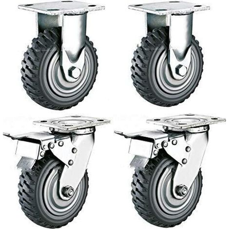Lot de 4 roulettes pivotantes pour charges lourdes - 150 mm - Avec frein rotatif à 360 ° - En caoutchouc plein - Pneumatiques - Charge 900 kg - (2 roulettes fixes + 2 roulettes de freinage)