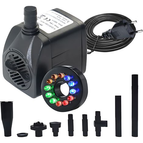 Pompe à eau submersible avec lumière colorée, plusieurs buses, pompe de fontaine électrique 1000 L/H avec levage maximal de 4,9 pieds et base à ventouse, mini pompe portable pour aquarium, étang (1/5)