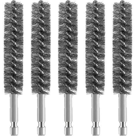 5pcs Stainless Steel Bore Brush Wire Brush for Drill Cleaning Wire Brush Stainless Steel Brush with Hex Shank Handle, for Metal and Stone, Wire Brush for Drill, Pipe Brush for Boiler/Heating, Silver (1/5)