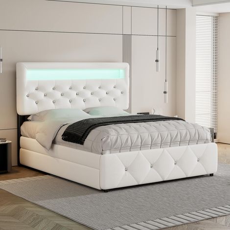 Lit double 140x200 cm blanc tissu extensions tiroirs chevet lumineux intégré (1/5)