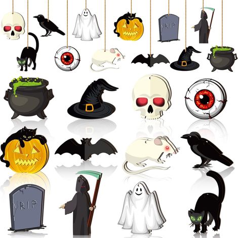 24 Stück Halloween Holz hängende Ornamente Holz Kürbis Geist Hexenhut Spinnen Fledermäuse Ornamente Halloween Holz Hängeschilder Halloween Holz Dekorationen mit Seil für Party Dekoration (Horror-Stil) (1/5)