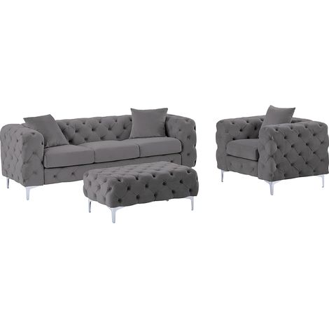 Divano 3 posti, poltrona e pouf CHESTERFIELD in velluto antracite - EDWINA (1/5)