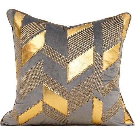 Moderner, bestickter Kissenbezug aus Leder mit goldenen geometrischen Streifen, 45 x 45 cm
