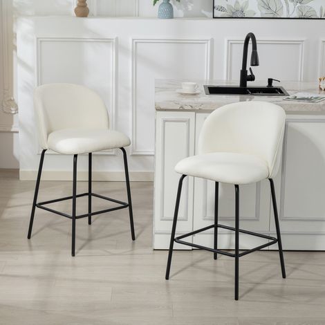 Lot de 2 Tabourets de Bar, Chaises de Bar, Repose-Pieds et Dossier, Tissu Effet Lin, Hauteur d'Assise 68cm, Crème (1/5)