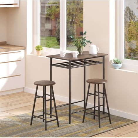 Ensemble table de bar 3 pièces avec 2 tabourets, table haute de cuisine avec étagère, MDF et métal noir style industriel, 80 x 50 x 90 cm CHICFURN (1/5)