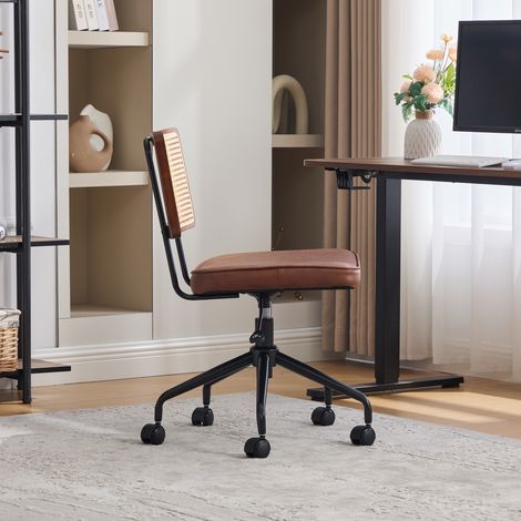 Fauteuil de bureau vintage en rotin avec roulettes, pivotant et réglable, siège en cuir marron, cadre en bois pour domicile, bureau, salon (1/5)