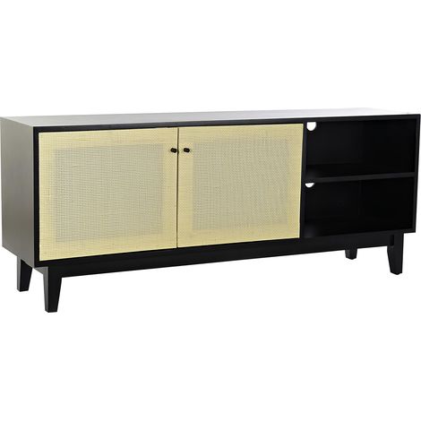 Meuble TV en bois de sapin coloris noir / naturel - Longueur 160 x Profondeur 38 x Hauteur 65 cm -PEGANE- (1/4)