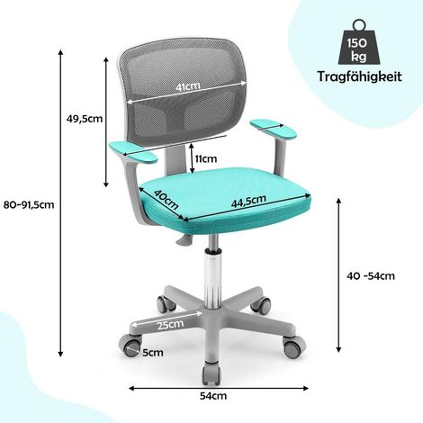 Confort d'Étude Optimal Siège de Bureau Enfant 3-10 Ans Hauteur Réglable 80-91,5 cm Pivotant 360° Chambre Turquoise (1/5)