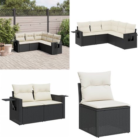 5-tlg. Garten-Sofagarnitur mit Kissen Schwarz Poly Rattan - Gartengestell - Gartenmöbelset - PE-Rattan Möbel - Outdoor Lounge Set - Gartenlounge - Home & Living (1/5)