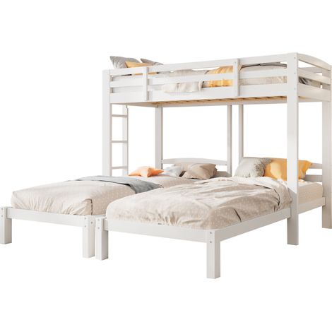 Lit superposé triple en bois massif blanc 3x90x200 cm avec échelle latérale réversible et barrières (1/5)