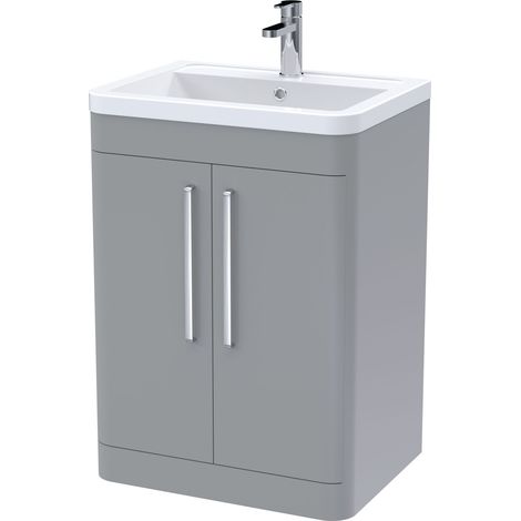 Aldershawe Contemporary Floor Standing 2 Door Vanity Basin Unit, Ceramic Basin, 600mm, Satin Grey (1/4)