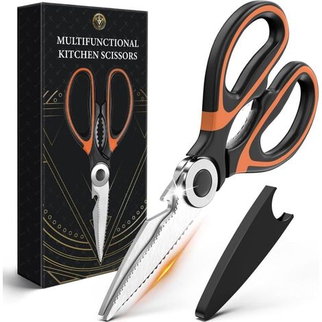Ciseaux de Cuisine Professionnel Multiusage, Ciseaux Cuisine Cranteur en Acier Inoxydable Lame Sharp avec Couvercle de Lame Poignée Antidérapante pour Poulet Poisson Viande Légumes Herbes Os Noix (1/4)