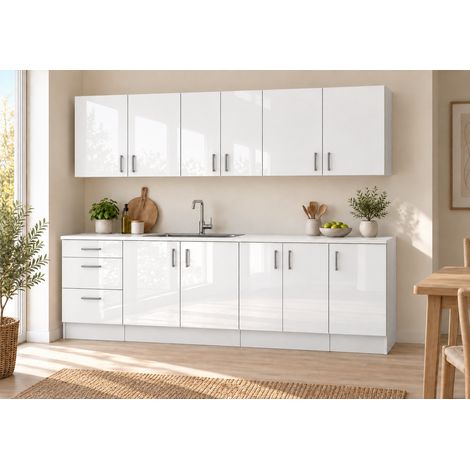 Küchenzeile 220 cm, 7 Schränke, Weiß Hochglanz, ohne Arbeitsplatte (1/5)