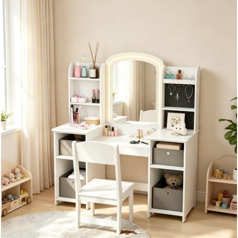 Toeletta da parrucchiere per bambini con sgabello e specchio LED, bianca in MDF, 104 x 40 x 112 cm (1/5)