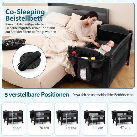 Lit parapluie bébé noir avec 4 hauteurs réglables, table à langer, matelas et filet pour maison, voyage et camping (1/5)