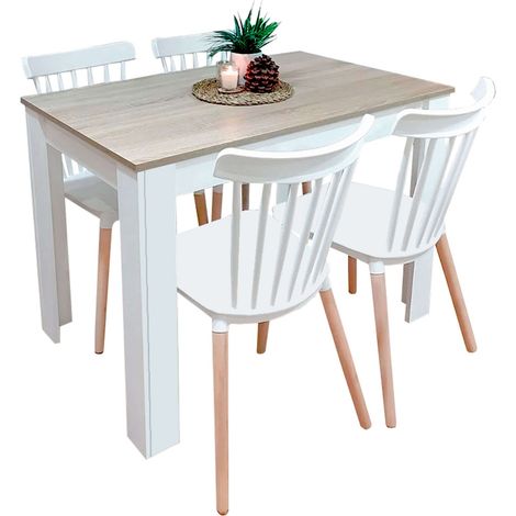 Conjunto de Mesa Fija + 4 sillas Alna en color blanco y roble canadian (1/5)