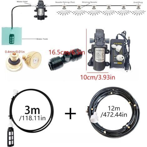 Brumisateur jardin 12V – 12m ligne + 16 buses laiton – refroidissement terrasse et jardin – irrigation réglable – système anti-chaleur – Blanc (1/3)