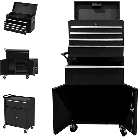 Coffre à outils roulant 2-en-1 en métal – 5 tiroirs coulissants – Armoire mobile verrouillable, capacité 1000 lbs, boîte supérieure amovible, rangement idéal pour garage, atelier ou entrepôt – Couleur (1/5)