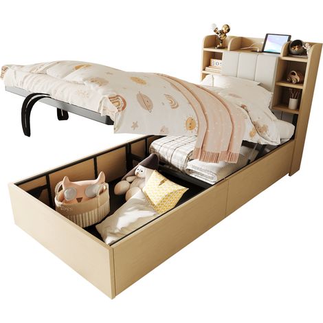 Letto Contenitore Singolo con USB, Type-C e Ripiani 90 x 200 cm, senza Materasso, Color Legno (1/5)