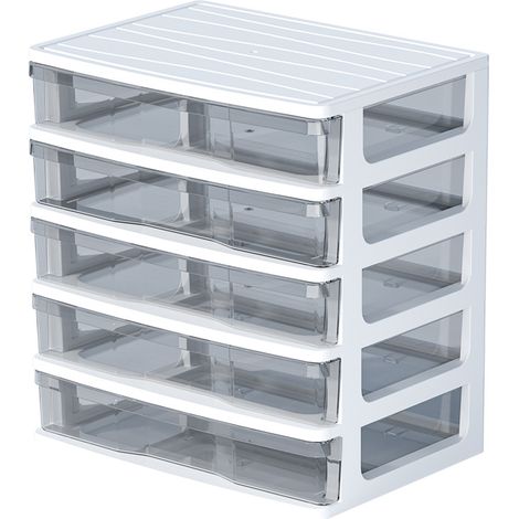 Boîte De Rangement À Tiroirs - 5 Tiroirs - Cadre Blanc Et Tiroirs Transparent - Pour Bureau Atelier Maison - 23,6 x 18 x 26,2 cm - Lot De 1 (1/5)